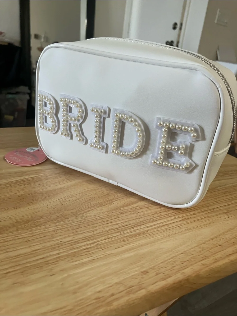 Pearl-Embellished Bridal Cosmetic Bag in White